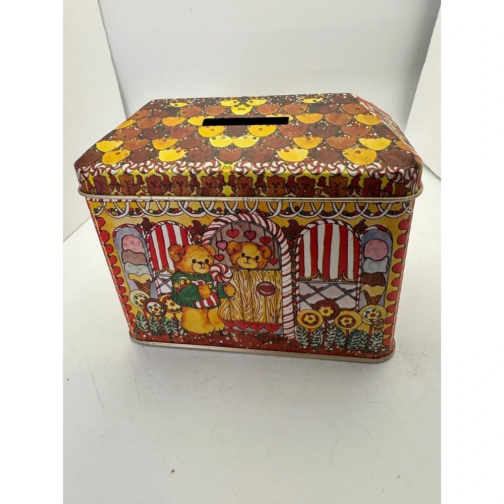 Vintage Teddy Bear Cookie Tin Candy House Piggy Bank Collectible Storage Box